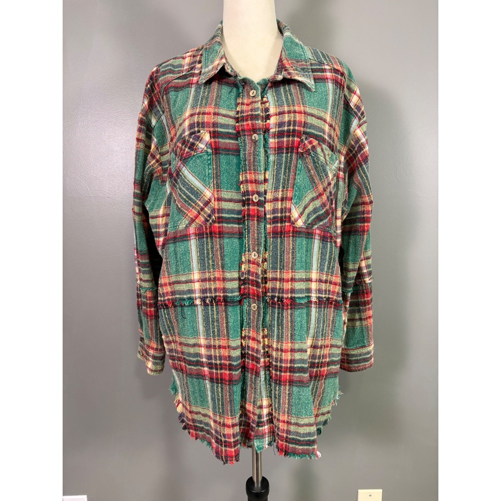Oli & Hali Plaid Button Down Shacket Womens S Green‎ Raw Hem Grunge Shabby Boho